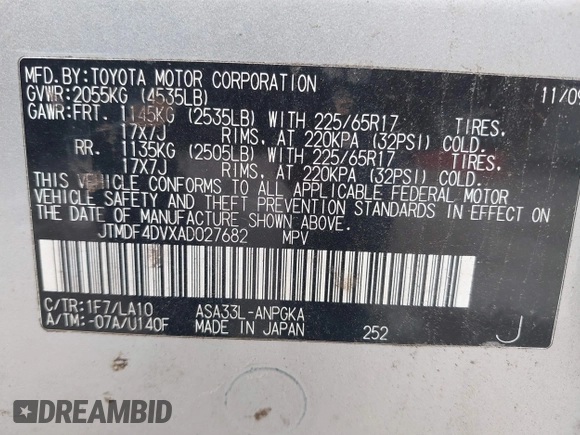 2010 Toyota RAV4 Limited with VIN JTMDF4DVXAD027682, listed as a IAAI auction lot 42227435 with 140,692 mi miles and . Bid and sale history available at DreamBid. Image 9.
