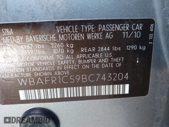 2011 BMW 5 Series 528i with VIN WBAFR1C59BC743204, listed as a IAAI auction lot 41750077 with 126,101 mi miles and . Bid and sale history available at DreamBid. Image 9.