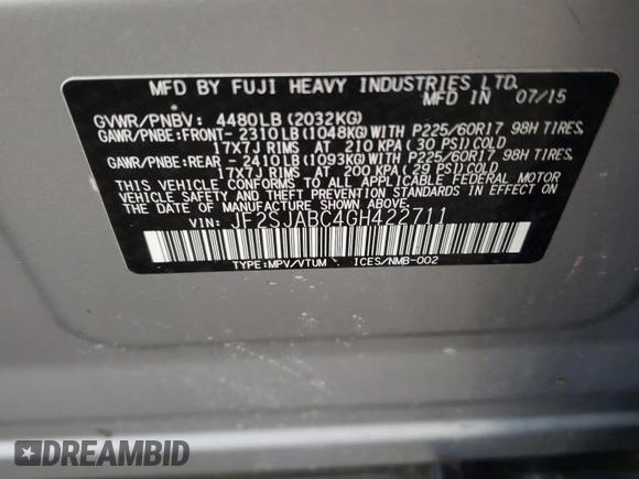 2016 Subaru Forester 2.5i with VIN JF2SJABC4GH422711, listed as a Copart auction lot 65166472 with 86,724 mi miles and . Bid and sale history available at DreamBid. Image 10.