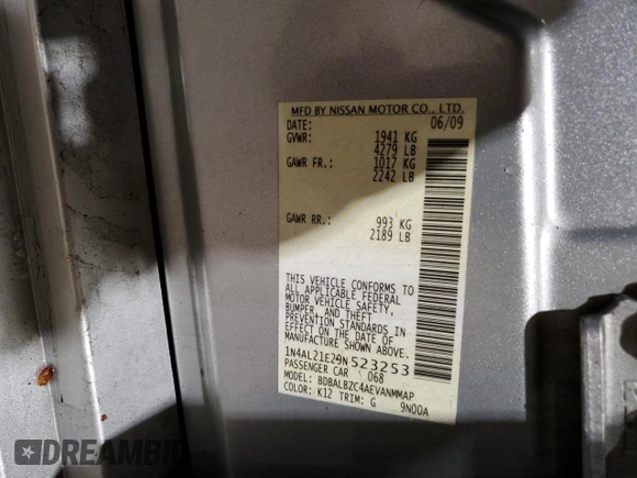 2009 Nissan Altima 2.5 SL with VIN 1N4AL21E29N523253, listed as a Copart auction lot 52442295 with 174,171 mi miles and Salvage Title. Bid and sale history available at carsss.com. Image 12.