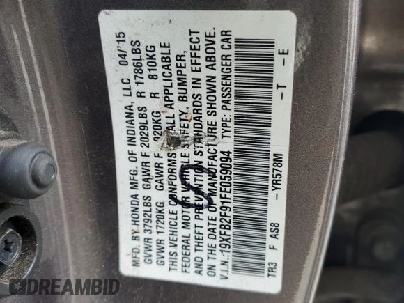 2015 Honda Civic EX-L z VIN 19XFB2F91FE059094, wystawiony jako Copart lot #54218755 z przebiegiem Nie podano mil oraz Szkoda całkowita • Salvage title. Historia ofert i sprzedaży dostępna na DreamBid. Obrazek 13.