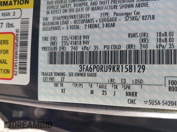 2019 Ford Fusion Hybrid Titanium with VIN 3FA6P0RU9KR158129, listed as a IAAI auction lot 41717104 with 37,736 mi miles. Bid and sale history available at carsss.com. Image 9.
