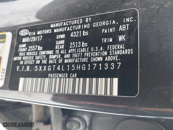 2017 Kia Optima LX 1.6T with VIN 5XXGT4L15HG171337, listed as a IAAI auction lot 41953782 with 174,121 mi miles. Bid and sale history available at carsss.com. Image 9.