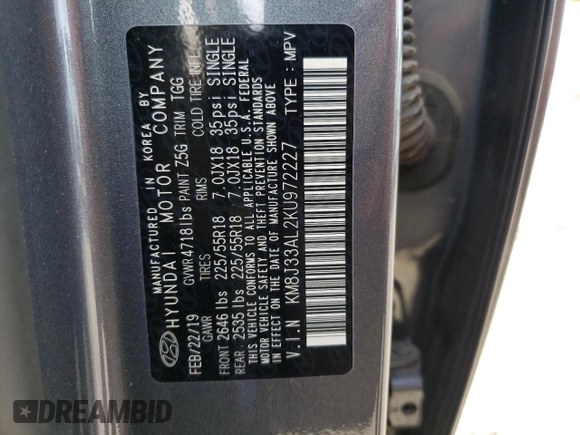 2019 Hyundai Tucson Sport with VIN KM8J33AL2KU972227, listed as a Copart auction lot 44172755 with 76,720 mi miles and Salvage Title. Bid and sale history available at carsss.com. Image 13.