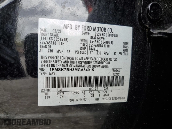 2021 Ford Explorer with VIN 1FMSK7BH3MGA84015, listed as a Copart auction lot 48059195 with 65,014 mi miles and Salvage Title. Bid and sale history available at carsss.com. Image 14.