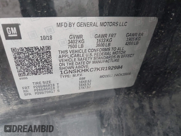 2019 Chevrolet Suburban LT with VIN 1GNSKHKC7KR192984, listed as a IAAI auction lot 41833683 with 176,406 mi miles and . Bid and sale history available at DreamBid. Image 9.