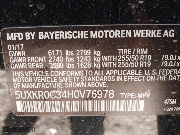 2017 BMW X5 xDrive35i with VIN 5UXKR0C34H0V76978, listed as a IAAI auction lot 41629614 with 1 mi miles. Bid and sale history available at carsss.com. Image 9.