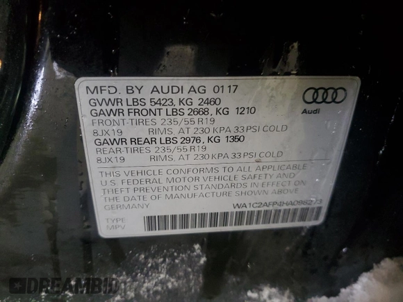 2017 Audi Q5 Premium with VIN WA1C2AFP4HA098273, listed as a Copart auction lot 41473975 with 51,449 mi miles and Salvage Title. Bid and sale history available at carsss.com. Image 13.