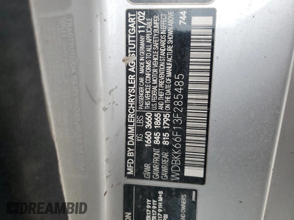 2003 Mercedes-Benz SLK with VIN WDBKK66F13F285485, listed as a Copart auction lot 50996885 with Not provided miles and Salvage title. Bid and sale history available at DreamBid. Image 12.