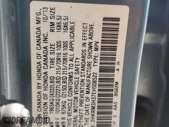 2014 Honda CR-V LX with VIN 2HKRM3H37EH508522, listed as a Copart auction lot 46371265 with 278,976 mi miles and Salvage Title. Bid and sale history available at carsss.com. Image 13.
