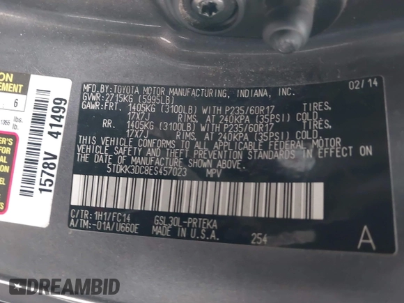 2014 Toyota Sienna LE AAS with VIN 5TDKK3DC8ES457023, listed as a IAAI auction lot 42067713 with 335,130 mi miles. Bid and sale history available at carsss.com. Image 9.