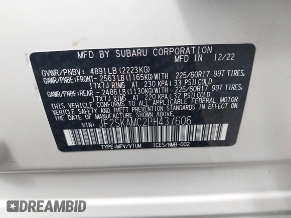 2023 Subaru Forester Wilderness with VIN JF2SKAMC2PH437606, listed as a IAAI auction lot 42745299 with 30,246 mi miles and . Bid and sale history available at DreamBid. Image 9.