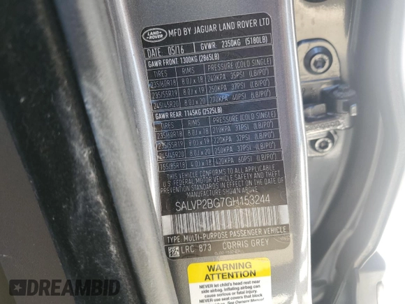2016 Land Rover Range Rover Evoque SE с VIN SALVP2BG7GH153244, выставлен на аукционе Copart как лот 54690055 с пробегом 69 738 миль миль и Списание • Salvage title. История ставок и продаж доступна на DreamBid. Изображение 14.