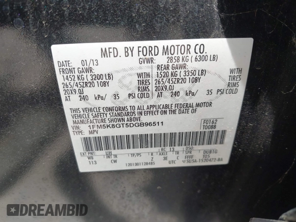 2013 Ford Explorer Sport z VIN 1FM5K8GT5DGB96511, wystawiony jako IAAI lot #42307428 z przebiegiem 178 048 mil mil oraz . Historia ofert i sprzedaży dostępna na DreamBid. Obrazek 9.