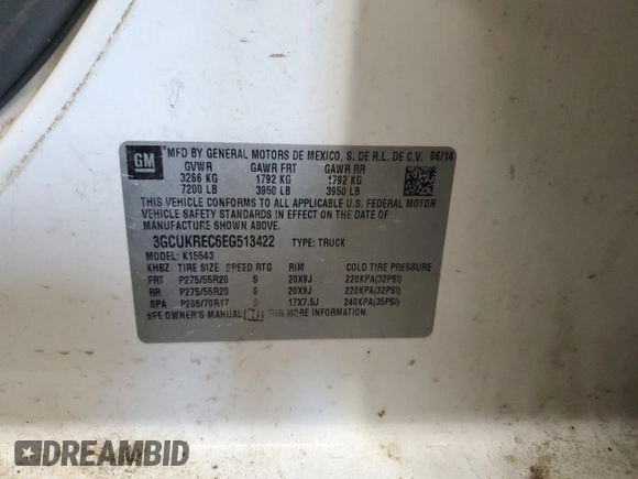 2014 Chevrolet Silverado 1500 LT with VIN 3GCUKREC6EG513422, listed as a Copart auction lot 50396245 with 209,998 mi miles and Salvage Title. Bid and sale history available at DreamBid. Image 12.