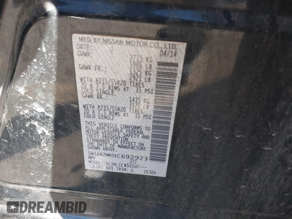 2014 Nissan Pathfinder Platinum with VIN 5N1AR2MM3EC692923, listed as a IAAI auction lot 41400968 with 202,186 mi miles and . Bid and sale history available at DreamBid. Image 9.