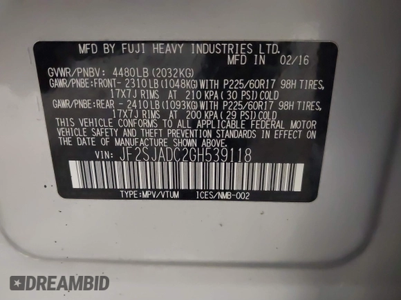 2016 Subaru Forester 2.5i Premium with VIN JF2SJADC2GH539118, listed as a IAAI auction lot 41721604 with 207,660 mi miles. Bid and sale history available at carsss.com. Image 9.