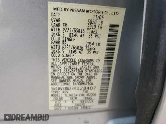 2007 Nissan Quest S with VIN 5N1BV28U27N128407, listed as a Copart auction lot 86583964 with 186,644 mi miles and Salvage Title. Bid and sale history available at carsss.com. Image 13.