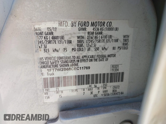 2012 Ford F-250 XL with VIN 1FT7W2B68CEC11769, listed as a IAAI auction lot 42678565 with 101,663 mi miles and . Bid and sale history available at DreamBid. Image 9.