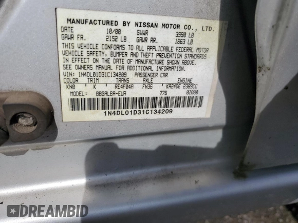 2001 Nissan Altima GXE with VIN 1N4DL01D31C134209, listed as a Copart auction lot 50447905 with 184,289 mi miles and Clean Title. Bid and sale history available at carsss.com. Image 13.