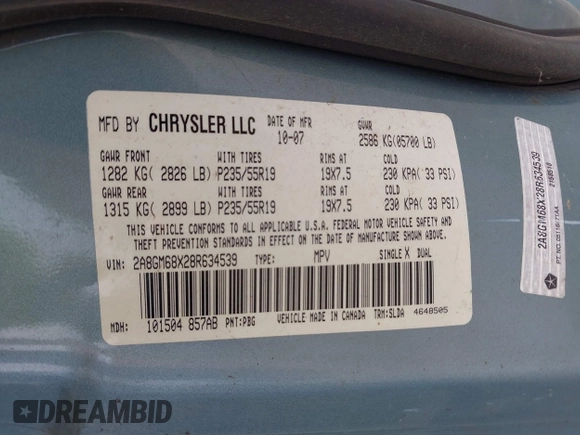 2008 Chrysler Pacifica Touring with VIN 2A8GM68X28R634539, listed as a IAAI auction lot 42300301 with 113,621 mi miles and . Bid and sale history available at DreamBid. Image 9.