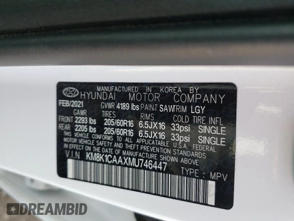 2021 Hyundai Kona SE z VIN KM8K1CAAXMU746447, wystawiony jako Copart lot #55303085 z przebiegiem 26 726 mil mil oraz Szkody całkowita. Historia ofert i sprzedaży dostępna na DreamBid. Obrazek 13.