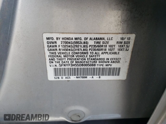 2013 Honda Pilot EX-L с VIN 5FNYF3H55DB005088, выставлен на аукционе Copart как лот 59875385 с пробегом 137 232 миль миль и Списание • Salvage title. История ставок и продаж доступна на DreamBid. Изображение 13.
