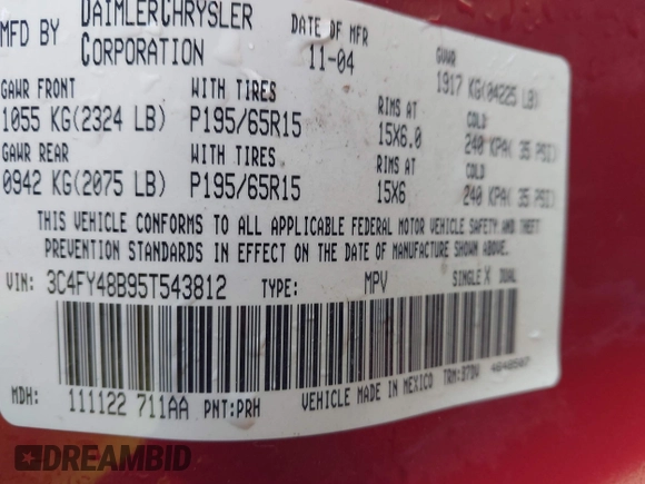 2005 Chrysler PT Cruiser with VIN 3C4FY48B95T543812, listed as a IAAI auction lot 41866549 with 189,654 mi miles and . Bid and sale history available at DreamBid. Image 9.
