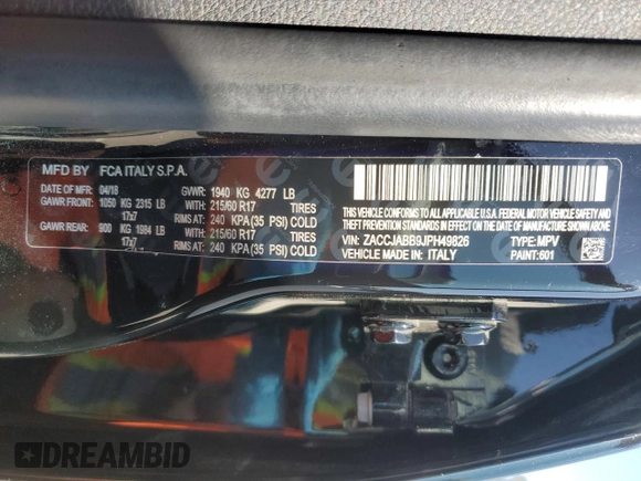 2018 Jeep Renegade Latitude with VIN ZACCJABB9JPH49826, listed as a Copart auction lot 55145805 with 97,752 mi miles and Salvage Title. Bid and sale history available at DreamBid. Image 12.