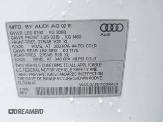 2015 Audi Q7 Premium Plus with VIN WA1LGAFE1FD016429, listed as a IAAI auction lot 42453301 with 123,139 mi miles and . Bid and sale history available at DreamBid. Image 9.
