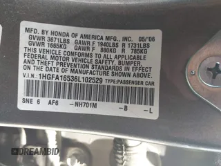 2006 Honda Civic LX with VIN 1HGFA16536L102529, listed as a IAAI auction lot 42560525 with 69,698 mi miles and . Bid and sale history available at DreamBid. Image 9.