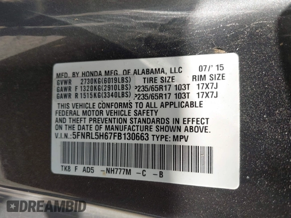 2015 Honda Odyssey EX-L with VIN 5FNRL5H67FB130663, listed as a IAAI auction lot 41988034 with 180,254 mi miles and . Bid and sale history available at carsss.com. Image 9.