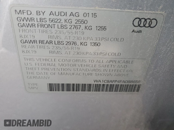2015 Audi Q5 Hybrid Prestige with VIN WA1C8AFP4FA088659, listed as a Copart auction lot 48905665 with 104,954 mi miles and Clean title. Bid and sale history available at DreamBid. Image 12.