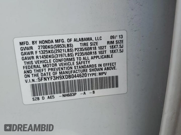 2013 Honda Pilot Touring z VIN 5FNYF3H9XDB044620, wystawiony jako Copart lot #58038505 z przebiegiem 172 096 mil mil oraz Szkoda całkowita • Salvage title. Historia ofert i sprzedaży dostępna na DreamBid. Obrazek 13.