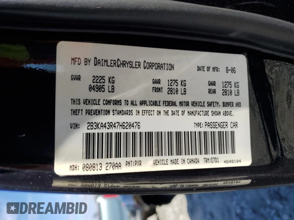 2007 Dodge Charger with VIN 2B3KA43R47H620476, listed as a Copart auction lot 82133094 with 222,192 mi miles and Salvage Title. Bid and sale history available at carsss.com. Image 13.