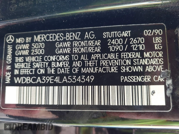 1990 Mercedes-Benz 560 with VIN WDBCA39E4LA534349, listed as a IAAI auction lot 42201056 with 211,470 mi miles and . Bid and sale history available at DreamBid. Image 9.