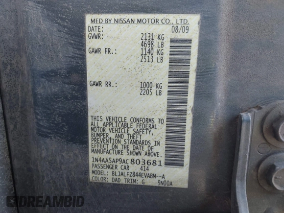 2010 Nissan Maxima S z VIN 1N4AA5AP9AC803681, wystawiony jako IAAI lot #41614005 z przebiegiem 195 485 mil mil oraz . Historia ofert i sprzedaży dostępna na DreamBid. Obrazek 9.
