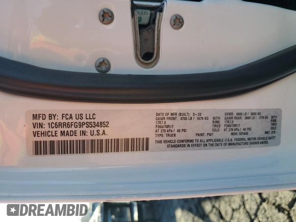 2023 Ram 1500 Tradesman with VIN 1C6RR6FG9PS534852, listed as a Copart auction lot 44083285 with 14,601 mi miles and Salvage title. Bid and sale history available at DreamBid. Image 13.