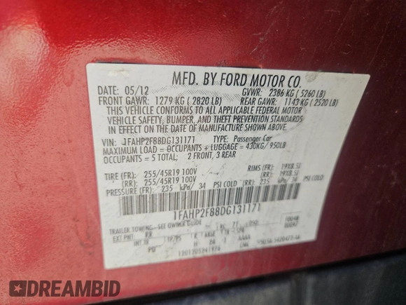 2013 Ford Taurus Limited with VIN 1FAHP2F88DG131171, listed as a Copart auction lot 60704625 with 175,016 mi miles and Clean title. Bid and sale history available at DreamBid. Image 10.