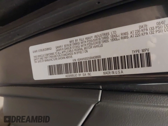 2008 Subaru Tribeca Limited с VIN 4S4WX93D584408695, выставлен на аукционе IAAI как лот 42153166 с пробегом 140 467 миль миль и . История ставок и продаж доступна на DreamBid. Изображение 9.
