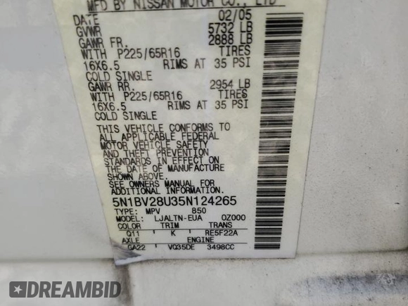 2005 Nissan Quest SL with VIN 5N1BV28U35N124265, listed as a Copart auction lot 82839954 with 0 mi miles and Salvage Title. Bid and sale history available at carsss.com. Image 12.