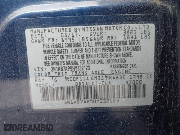 2017 Nissan Sentra SL with VIN 3N1AB7AP9HY332123, listed as a IAAI auction lot 42016547 with 113,281 mi miles and . Bid and sale history available at DreamBid. Image 9.