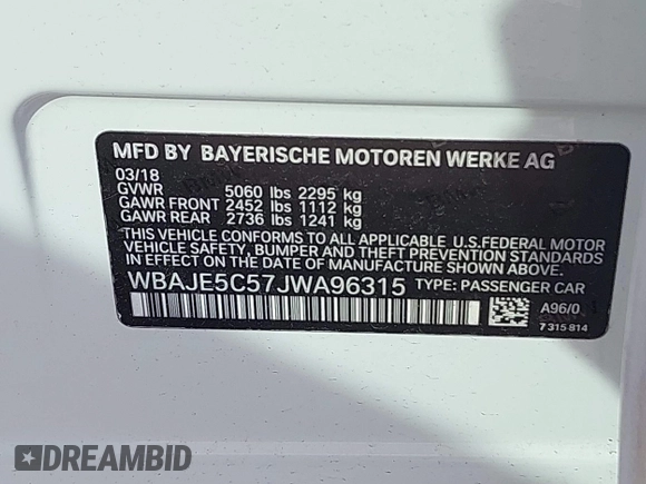 2018 BMW 5 Series 540i with VIN WBAJE5C57JWA96315, listed as a IAAI auction lot 41531960 with 65,085 mi miles and . Bid and sale history available at carsss.com. Image 9.