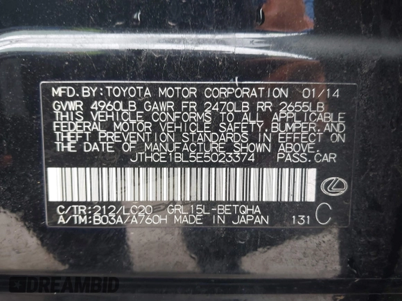2014 Lexus GS 350 with VIN JTHCE1BL5E5023374, listed as a IAAI auction lot 41532507 with 139,668 mi miles. Bid and sale history available at carsss.com. Image 9.
