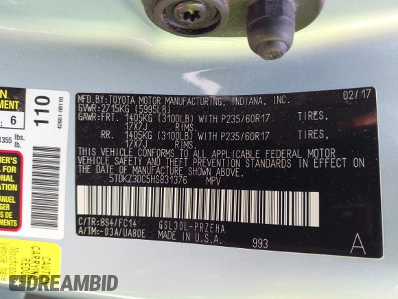 2017 Toyota Sienna LE Auto Access Seat with VIN 5TDKZ3DC5HS831376, listed as a IAAI auction lot 42508517 with 80,560 mi miles and . Bid and sale history available at DreamBid. Image 9.