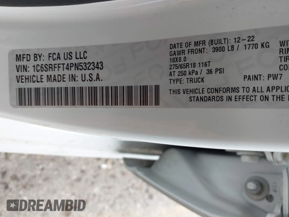 2023 Ram 1500 Big Horn with VIN 1C6SRFFT4PN532343, listed as a IAAI auction lot 42111051 with 15,079 mi miles and . Bid and sale history available at DreamBid. Image 9.