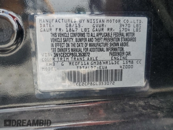 2016 Nissan Note SV с VIN 3N1CE2CP8GL353072, выставлен на аукционе Copart как лот 61859925 с пробегом 62 613 миль миль и Чистый • Clean title. История ставок и продаж доступна на DreamBid. Изображение 12.