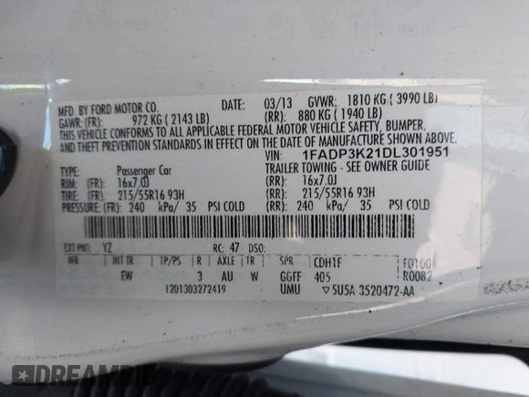 2013 Ford Focus SE with VIN 1FADP3K21DL301951, listed as a IAAI auction lot 41847106 with 78,540 mi miles. Bid and sale history available at carsss.com. Image 9.