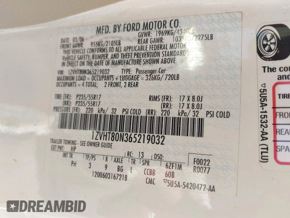 2006 Ford Mustang Standard with VIN 1ZVHT80N365219032, listed as a IAAI auction lot 42547836 with 138,183 mi miles and . Bid and sale history available at DreamBid. Image 9.