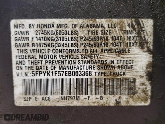 2014 Honda Ridgeline RTL with VIN 5FPYK1F57EB003368, listed as a Copart auction lot 88280455 with 154,446 mi miles and Salvage title. Bid and sale history available at DreamBid. Image 12.